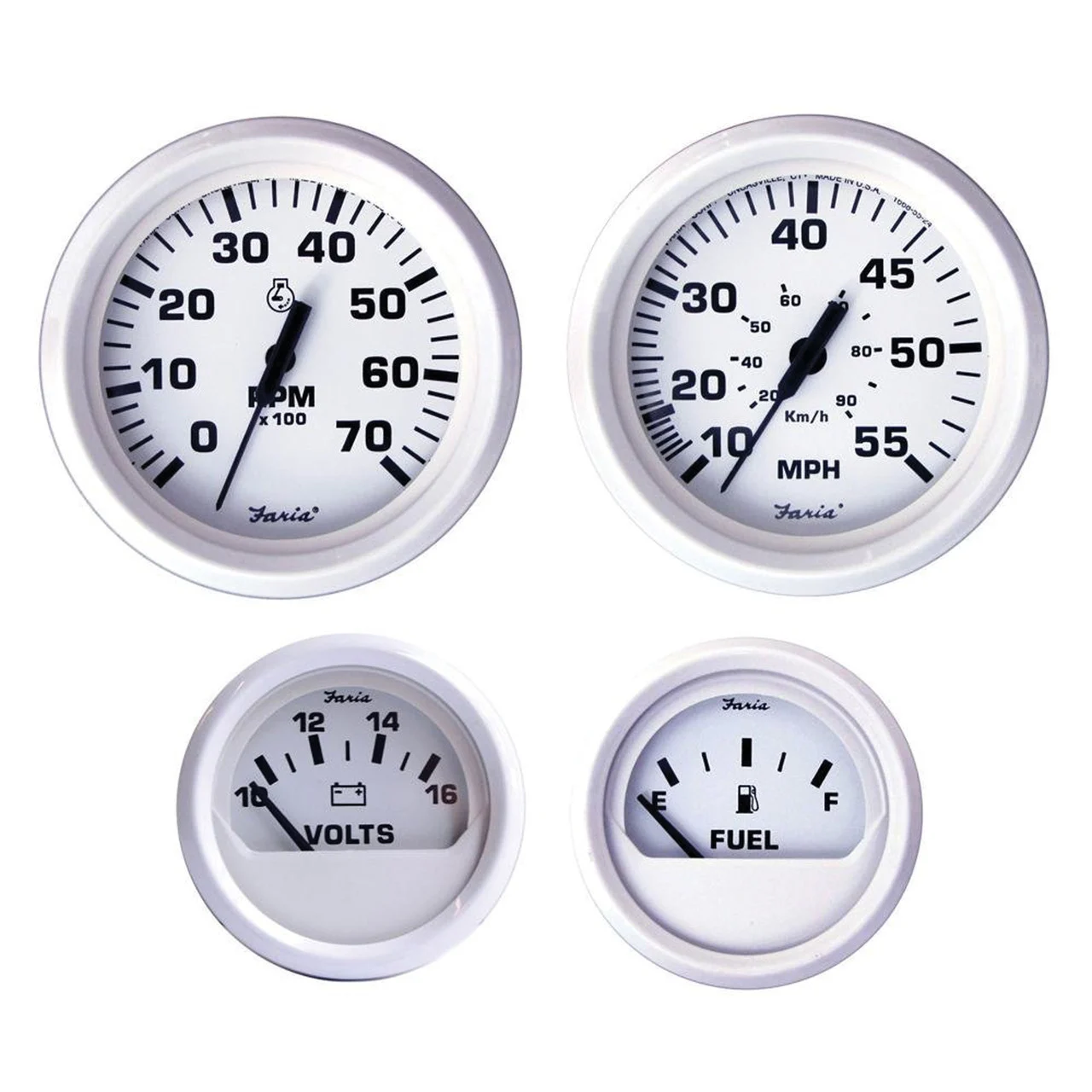 Faria KT9794 Dress White Outboard 4-Gauge Boxed Set - Speedometer/Tachometer/Fuel Level/Voltmeter - KT9794