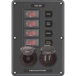 Blue Sea 4321 Circuit Breaker Switch Panel 4 Position - Gray W/12v Socket & Dual Usb