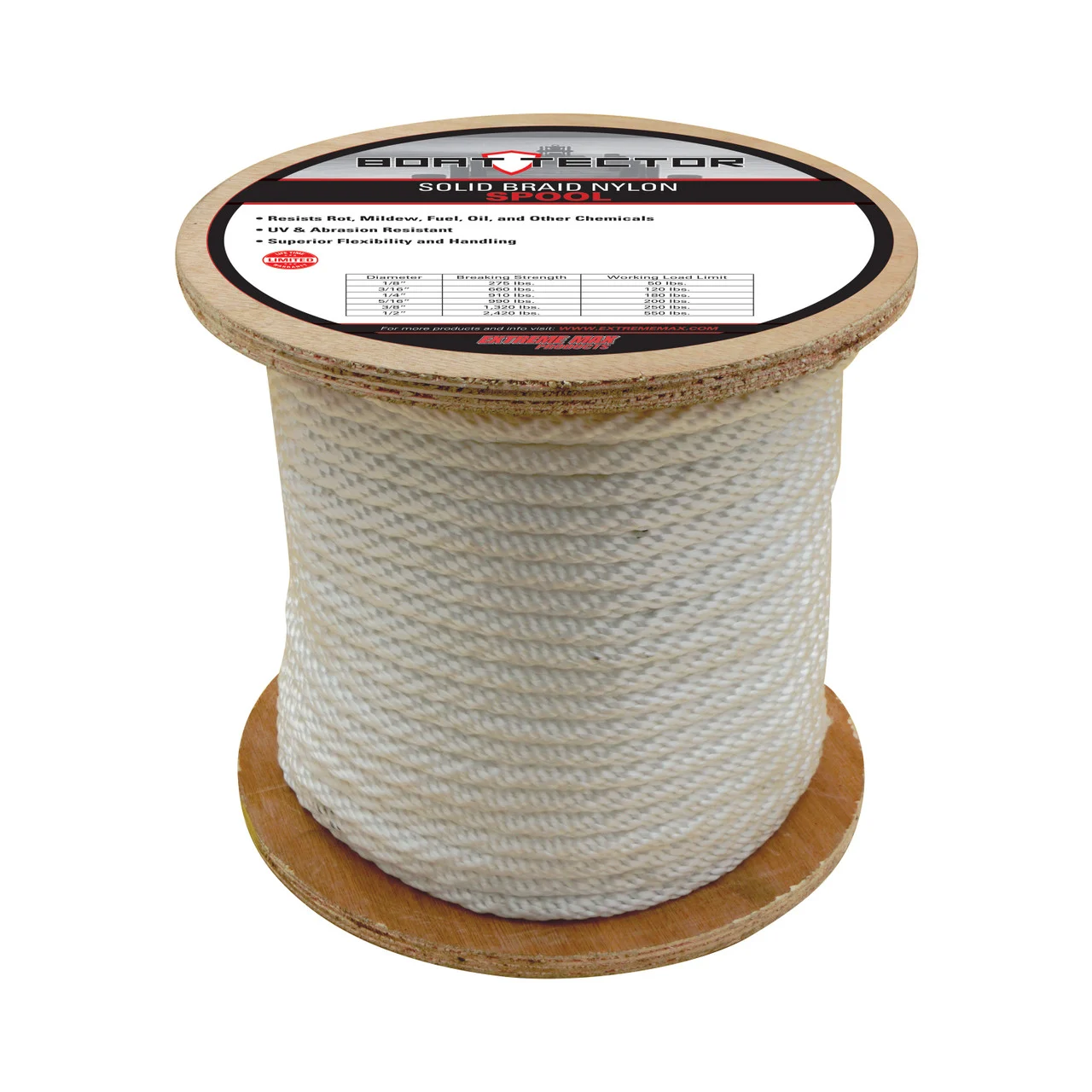 Extreme Max 3006.2213 BoatTector Solid Braid Nylon Rope - 1/2" x 250', White - 3006.2213