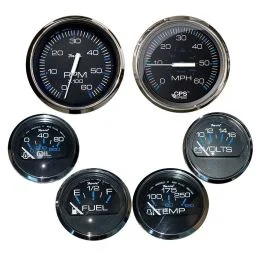 Faria Chesapeake Black W/Stainless Steel Bezel Boxed Set Of 6 - Speed, Tach, Fuel Level, Voltmeter, Water Temperature & Oil Psi - Inboard Motors