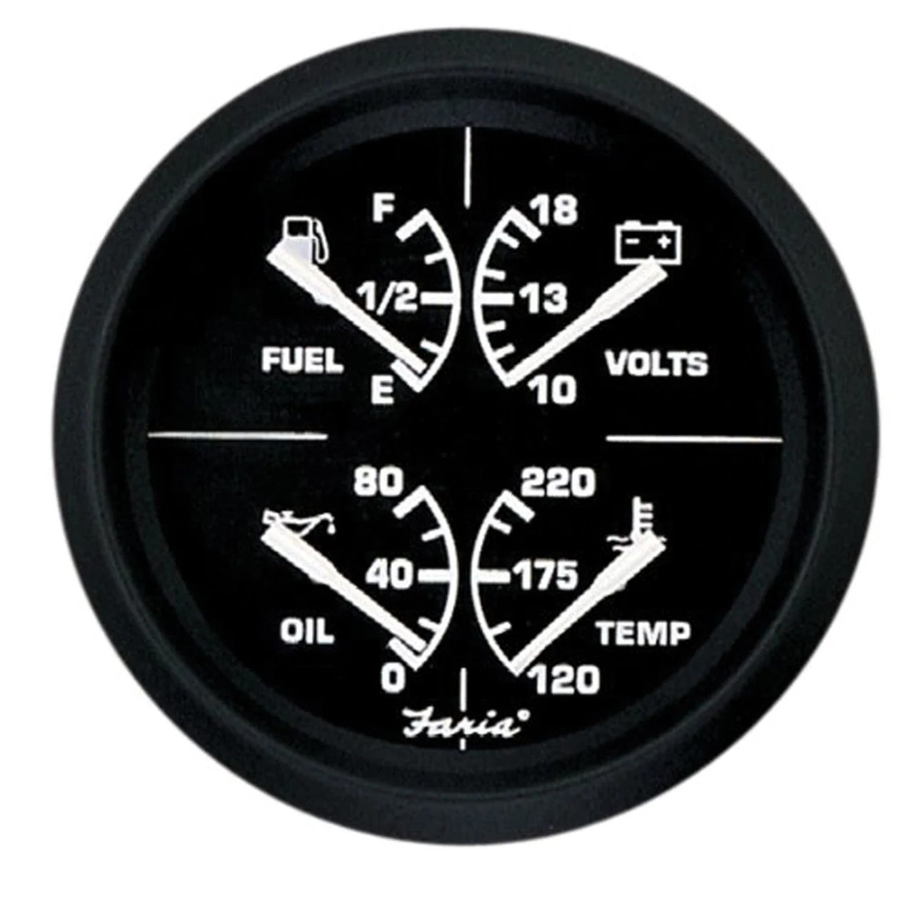 Faria 32851 Euro Multifunction Fuel Level/Oil PSI (80 PSI)/Water Temp (100-250°F)/Voltmeter (10-16 VDC) - 4", Black - 32851