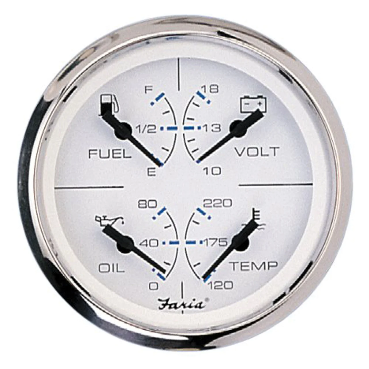 Faria 33851 Chesapeake Stainless Steel Multifunction Fuel Level/Oil PSI (80 PSI)/Water Temp (100-250°F)/Voltmeter (10-16 VDC) - 4", White - 33851
