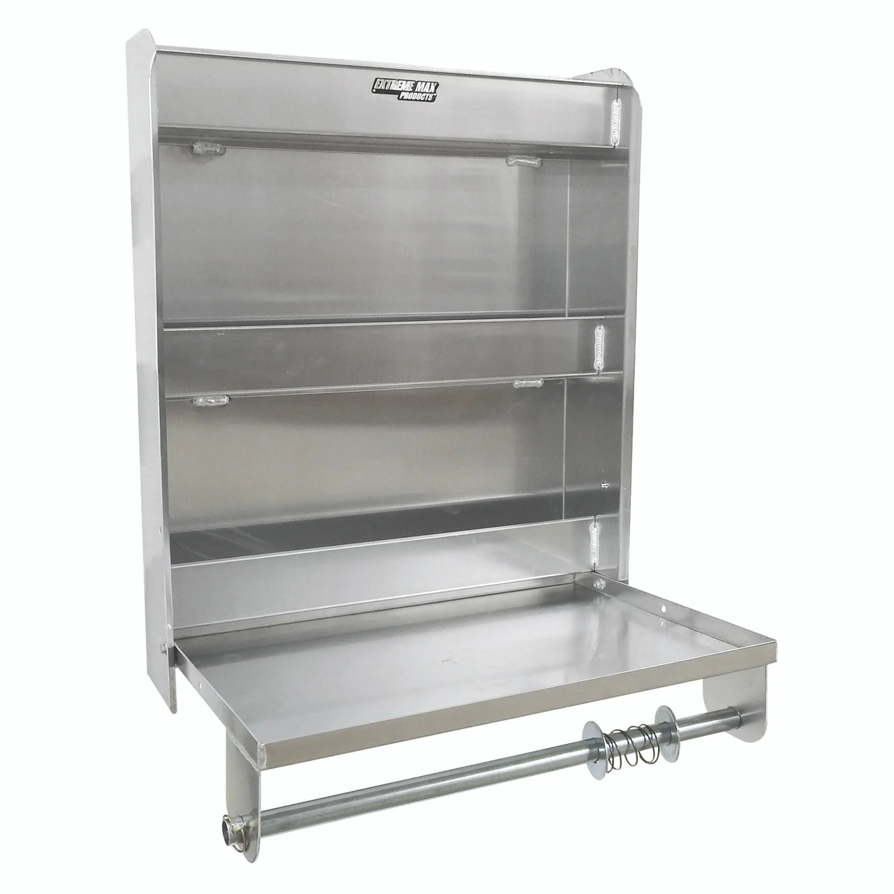Extreme Max 5001.6049 Aluminum Work Station Storage Cabinet Flip-Out Work Tray with Paper Towel Rack Organizer for Enclosed Race Trailer Shop Garage Storage - 5001.6049