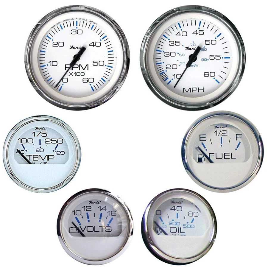 Faria KTF001 Chesapeake Stainless Steel Inboard 6-Gauge Boxed Set - Speedometer/Tachometer/Fuel Level/Voltmeter/Water Temp/Oil PSI, White - KTF001