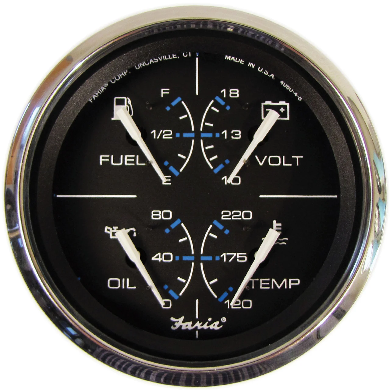 Faria 33751 Chesapeake Stainless Steel Multifunction Fuel Level/Oil PSI (80 PSI)/Water Temp (100-250°F)/Voltmeter (10-16 VDC) - 4", Black - 33751