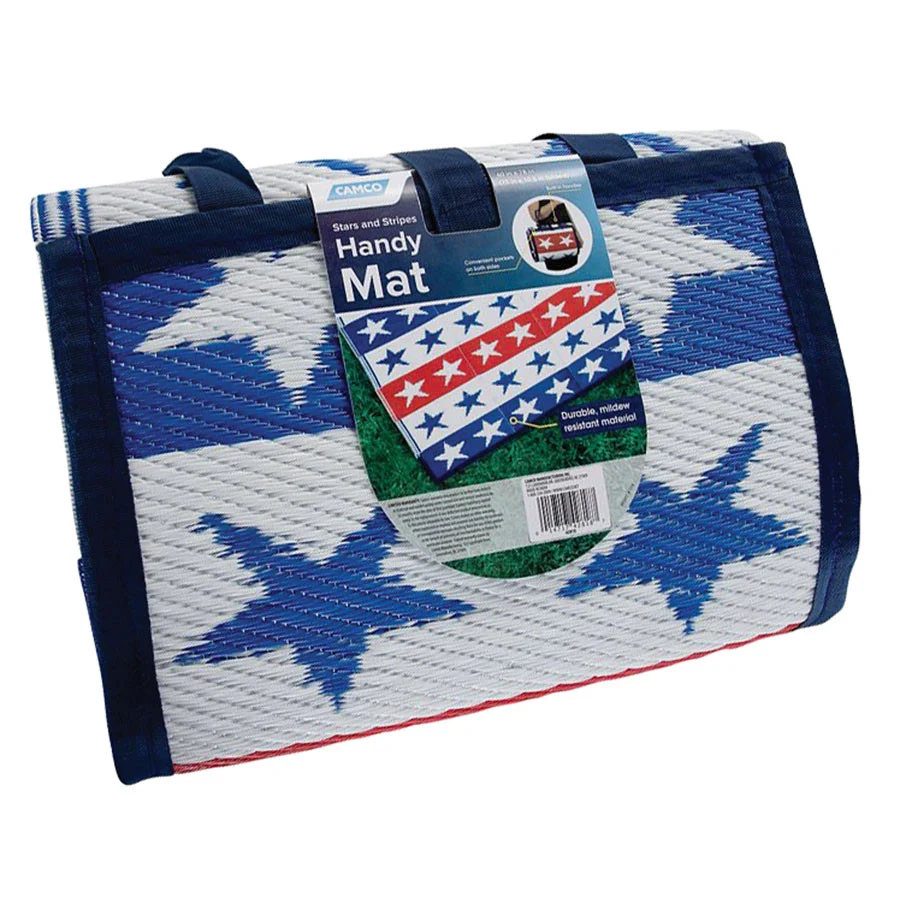 Camco 42818 Handy Mat with Strap - 5' x 6.5', Stars and Stripes - 42818