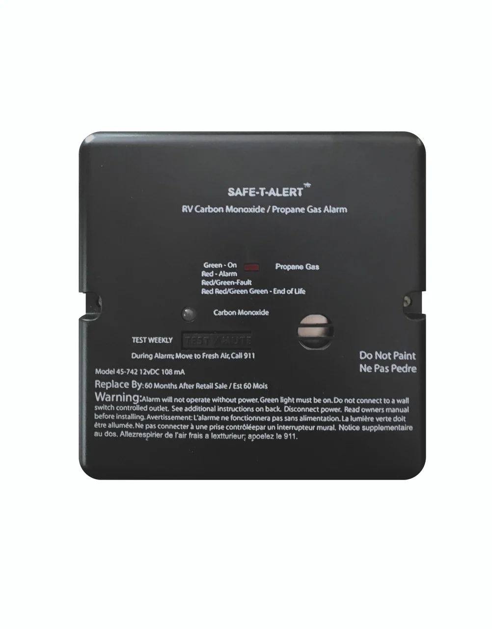 Safe-T-Alert 70-742-P-BL Professional LP/CO Alarm - 12V, 70 Series Flush Mount with Relay, Black - 70-742-P-BL